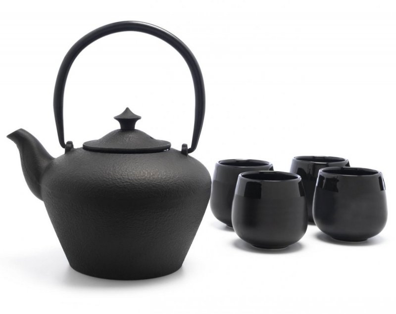 Bredemeijer CHENGDU Dzbanek Żeliwny - Zaparzacz do Herbaty 1,0 l Czarny + 4 Porcelanowe Filiżanki