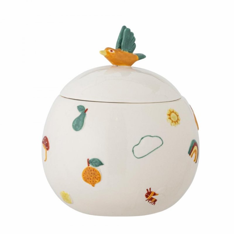 Bloomingville AGNES Ceramiczny Pojemnik z Pokrywką / Biały z Ptaszkiem