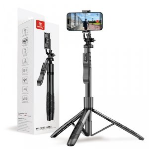 Crong SelfieGo Ultra – Aluminiowy selfie stick Bluetooth tripod (czarny)