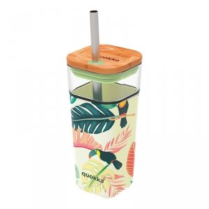 Quokka Liquid Cube - Kubek szklany 540 ml ze słomką ze stali nierdzewnej (Tropical Toucans)
