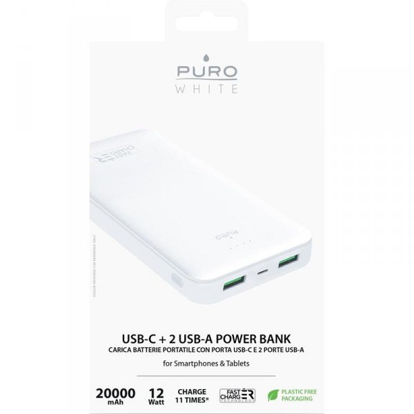 PURO White Fast Charger Power Bank – Power bank dla smartfonów i tabletów 20000 mAh, 2xUSB-A + 1xUSB-C (biały)