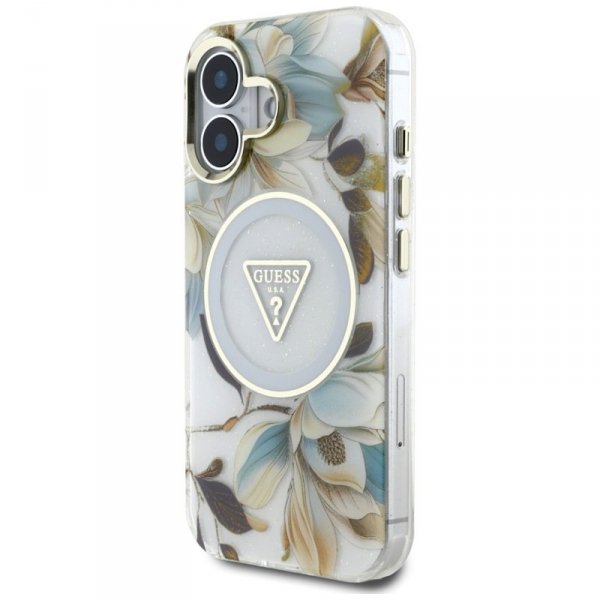 Guess Glitter Flowers Triangle Buttons MagSafe - Etui do iPhone 16 (biały)