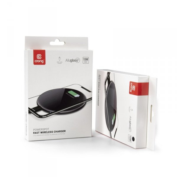 Crong PowerSpot Fast Wireless Charger – Aluminiowa ładowarka bezprzewodowa Qi 15W USB-C z powłoką ze szkła hartowanego (Silver W