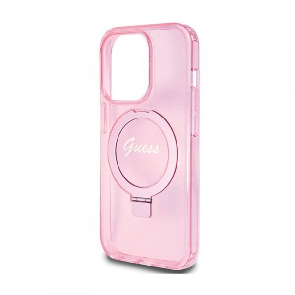 Guess Ring Stand Script Glitter MagSafe - Etui iPhone 15 Pro (różowy)