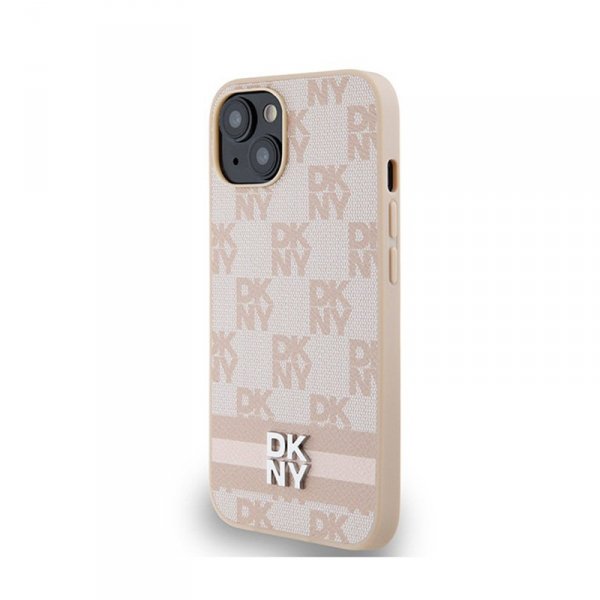 DKNY Leather Checkered Mono Pattern & Printed Stripes - Etui iPhone 15 / 14 / 13 (różowy)