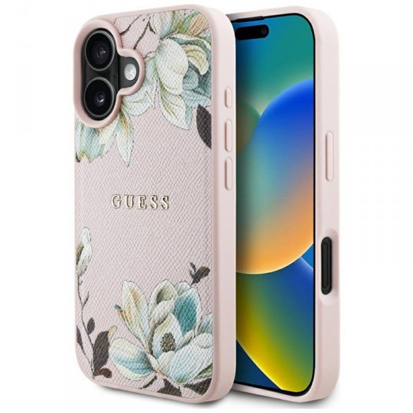 Guess Grained Printed Flower Pattern MagSafe - Etui do iPhone 16 (różowy)