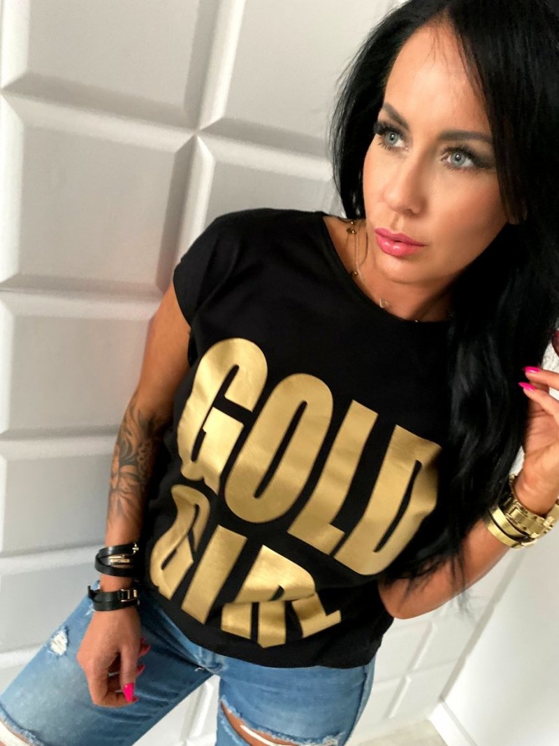 Wyprzedaż S SZARY T-shirt ze złotym nadrukiem GOLD GIRL L-106