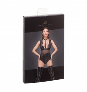 F183 Powerwetlook body with wide straps, tulle inserts and velvet choker M