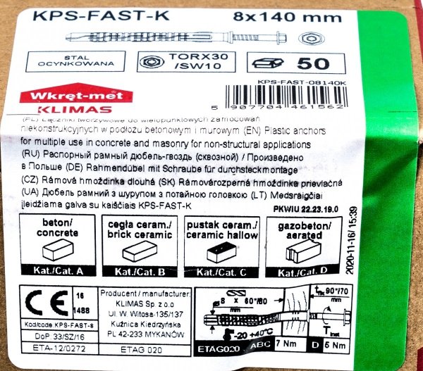 Kołki ramowe rozporowe 8x140 KLUCZ+TX torx 50szt
