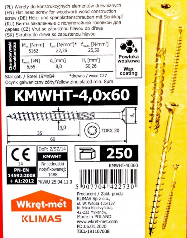 Wkręty ciesielskie TX 4x60 do drewna osb 250szt