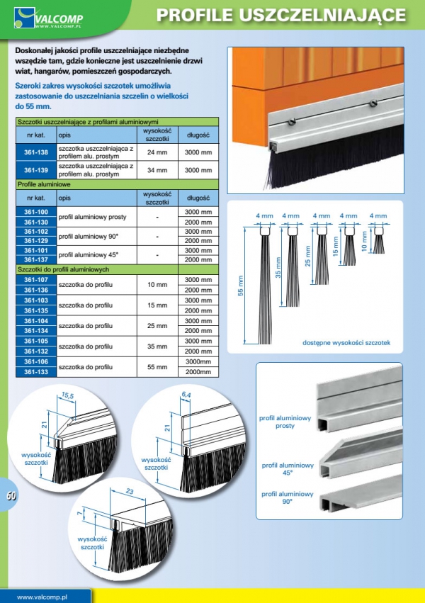 Uszczelka szczotkowa 24mm z profilem alu prosty 1m