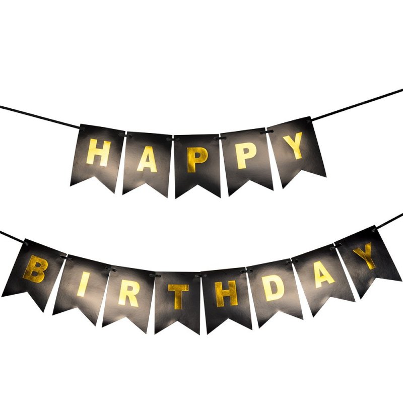 Baner Happy Birthday Czerń-Złoto [ Komplet 10 Sztuk ]