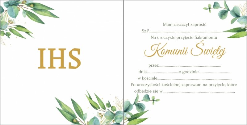 Zaproszenie Komunia Święta Eukaliptus [50 kompletów]