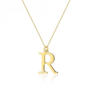 Łańcuszek złoty 585 literka R brylant 0,005ct zawieszka
