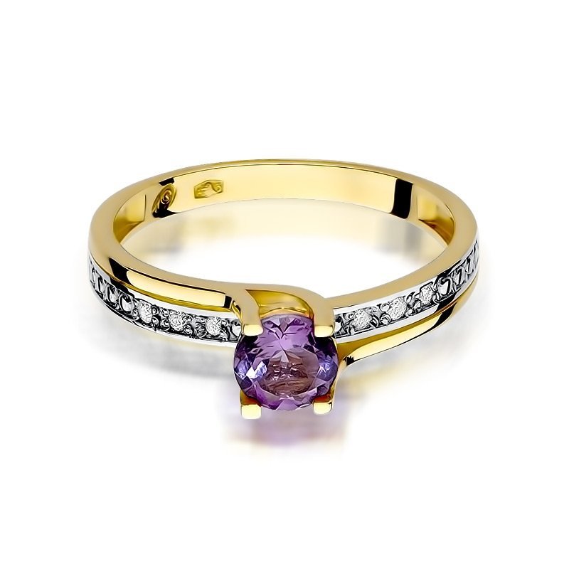 Pierścionek złoty 585 z brylantami 0,03ct ametystem 0,50ct W-106