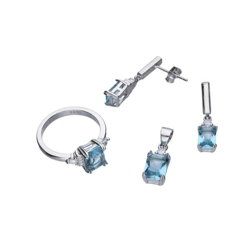 KOMPLET SREBRNY 925 NIEBIESKA CYRKONIA KOLCZYKI ZAWIESZKA PIERŚCIONEK R14