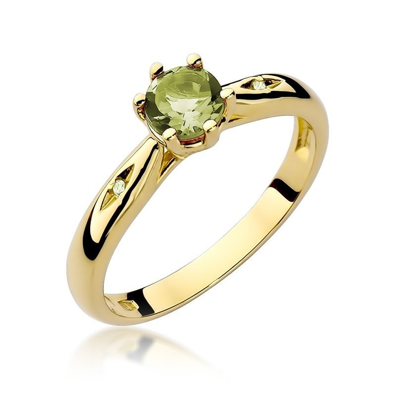 Pierścionek złoty 585 z brylantami 0,01ct oliwinem 0,60ct W-74