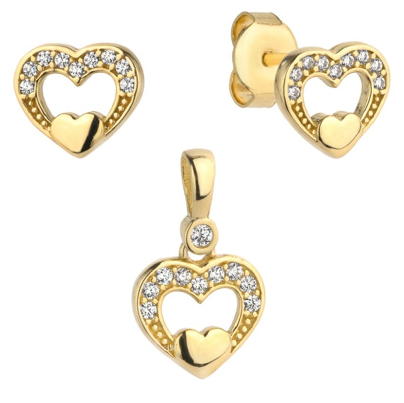 Koplet złoty 585 serduszko serduszka serca kolczyki+zawieszka