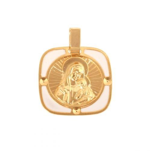 Medalik złoty 585 Matka Boska biała emalia