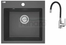 AQUAFORM - zlewozmywak granitowy MARANELLO 490 X 490 X 215 - 1 komora, CZARNY MONO + syfon oszczędzający miejsce + bateria stojąca z wylewką elastyczną  AQ.901-1009507