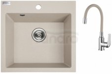 AQUAFORM - zlewozmywak granitowy MARANELLO 490 X 490 X 215 - 1 komora, BEŻOWY + syfon oszczędzający miejsce + bateria stojąca z wylewką elastyczną  AQ.901-1002507