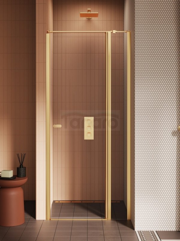 NEW TRENDY Drzwi wnękowe NEW SOLEO GOLD BRUSHED 1D U 90x195 szkło czyste 6mm Active Shield 2.0 - z elementem stałym  - wsp. Równoległy D-0771A-WK