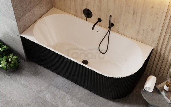 BESCO Wanna wolnostojąca przyścienna Denaya B&amp;W 150x75 Lewa + maskownica odpływu czarna #WASB-150DLB