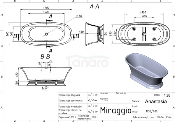 MIRAGGIO Wanna wolnostojąca ANASTASIA 69125621