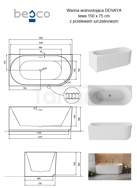 BESCO Wanna przyścienna wolnostojąca Denaya 150 Lewa + maskownica odpływu biała #WAS-150-DLW