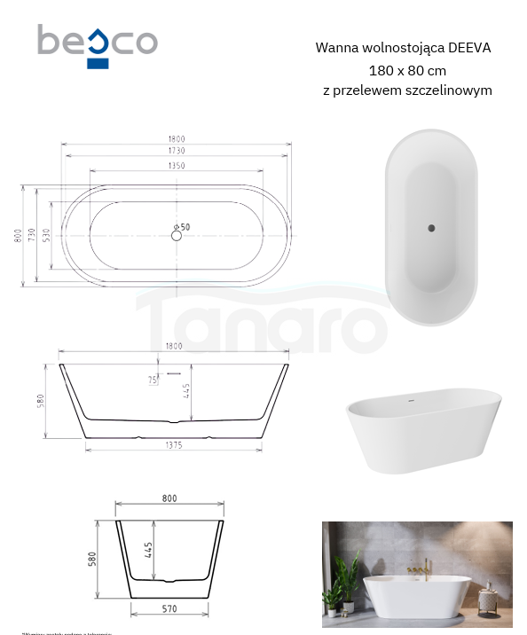 BESCO Wanna wolnostojąca Deeva Glam Grafitowa 180x80 + maskownica odpływu gun metal #WWA-180DGGM