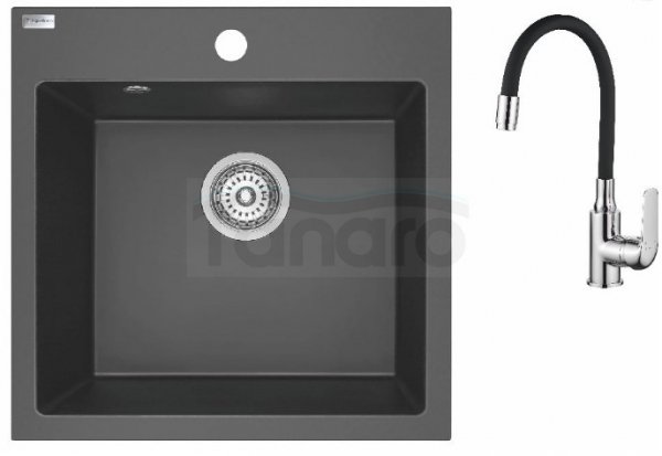 AQUAFORM - zlewozmywak granitowy MARANELLO 490 X 490 X 215 - 1 komora, CZARNY MONO + syfon oszczędzający miejsce + bateria stojąca z wylewką elastyczną  AQ.901-1009507