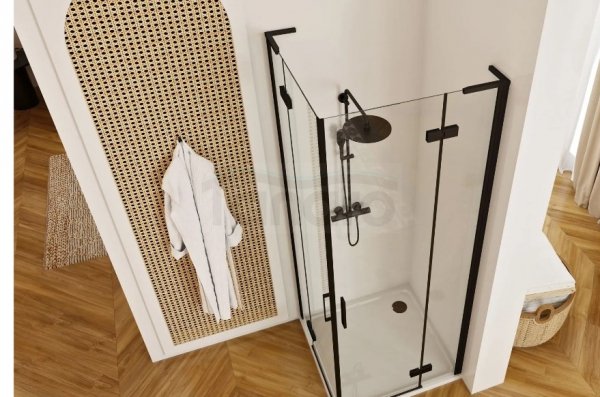 REA - Kabina narożna - drzwi podwójne prysznicowe składane, łamane HUGO DOUBLE 80x80 Black / Czarne 