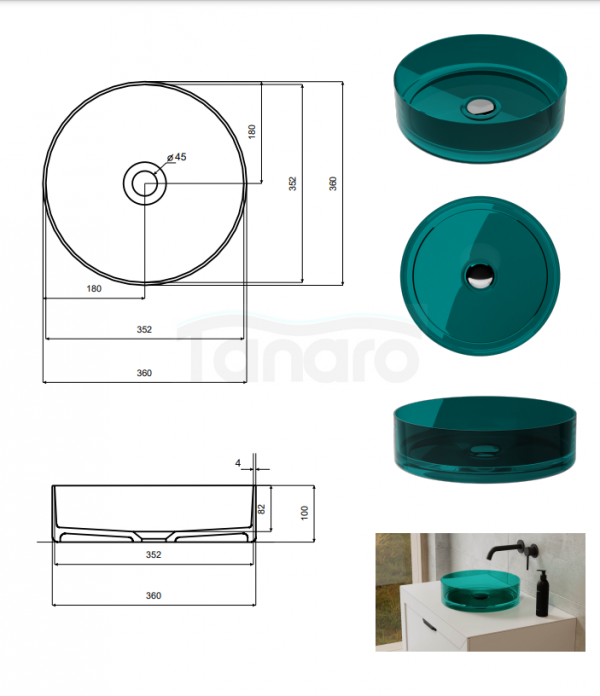 BESCO Umywalka nablatowa Enya Blue Wave + maskownica czarny matt #UME-36-BWB