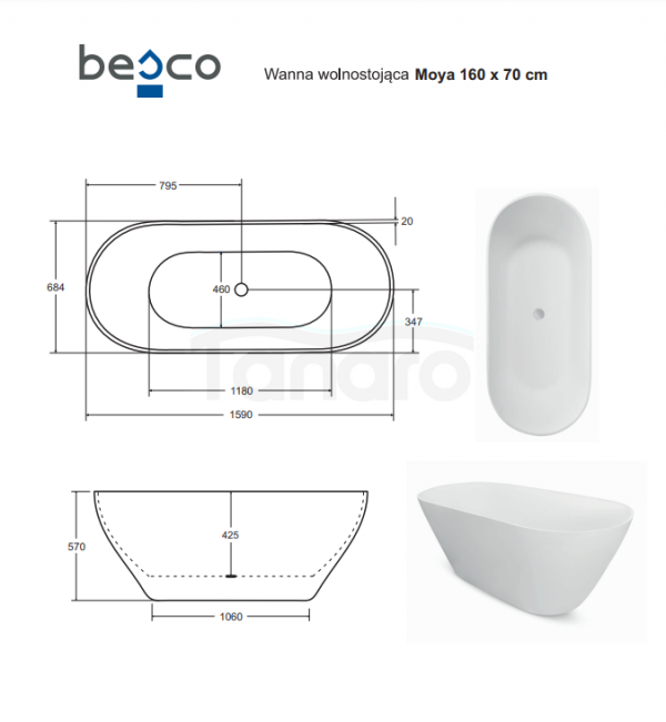 BESCO Wanna wolnostojąca Moya Glam 160x70 grafitowy #WMD-160-MG