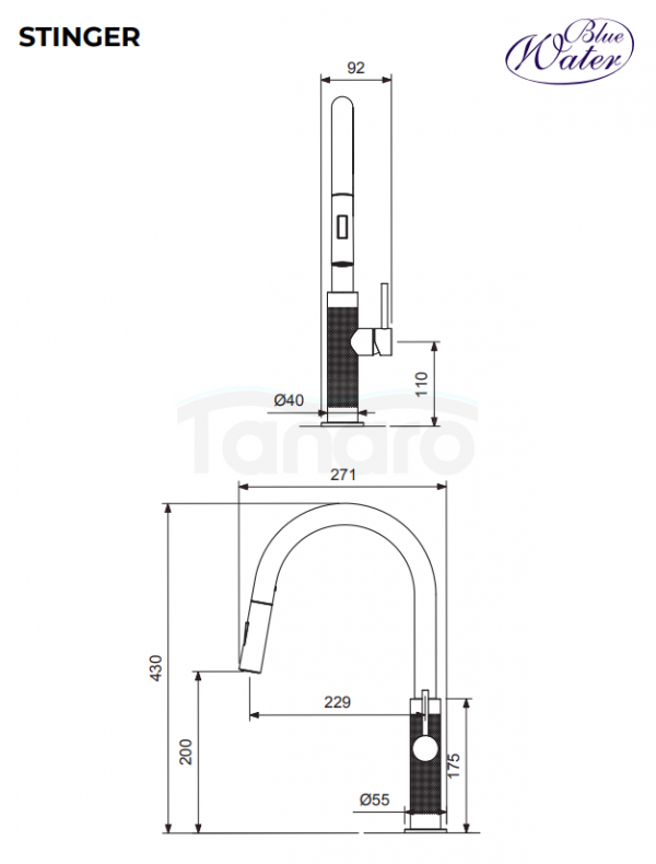 BLUE WATER Bateria kuchenna z wyciąganą wylewką Stinger grafit (Gun Metal)
