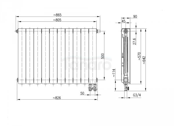 ARMATURA KRAKÓW KFA Grzejnik aluminiowy ADR500/D/10 z dolnym prawym zasilaniem prostym 763-102-44