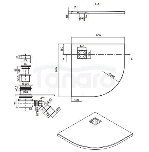 CERSANIT - brodzik półokrągły TAKO Slim 80x4 czarny mat + syfon  S932-163