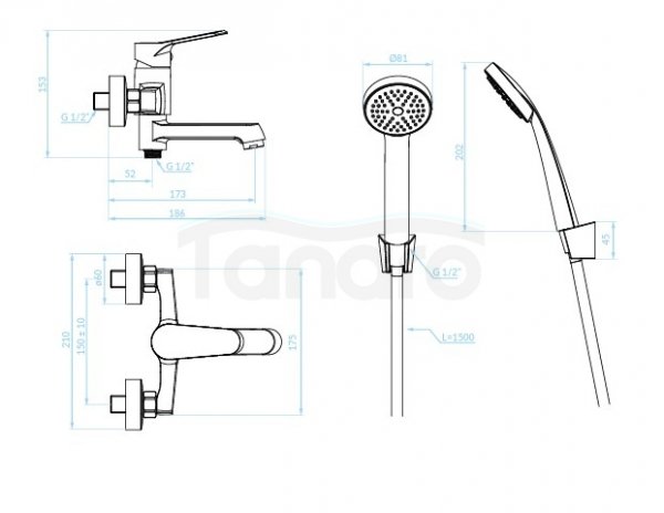 KUCHINOX - Bateria wannowa ATEZ ścienna z zestawem natryskowym Chrom  BTK_011D