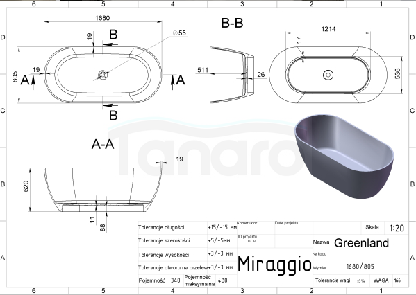 MIRAGGIO Wanna wolnostojąca GREENLAND MIRASOFT 168 cm