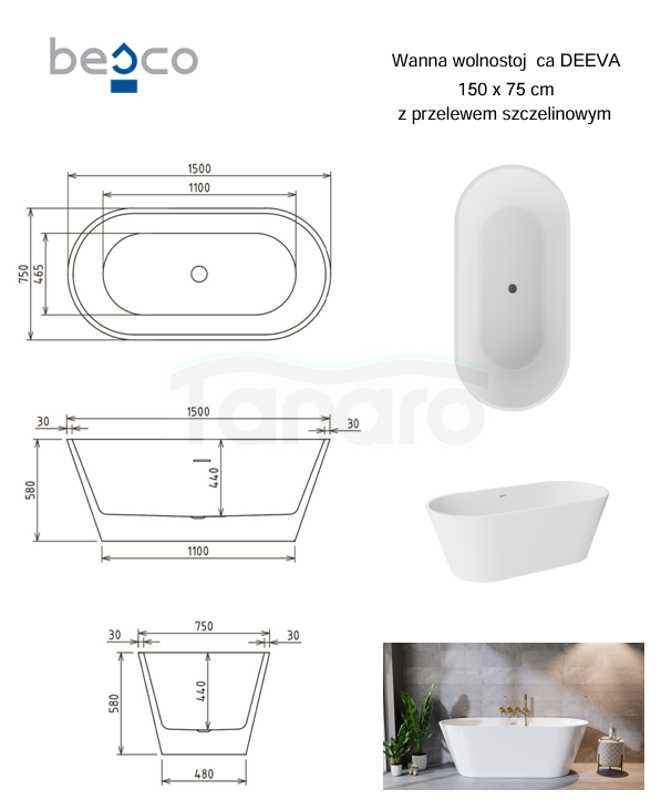 BESCO Wanna wolnostojąca Deeva Glam Złota 150x75 + maskownica odpływu gun metal #WWA-150DGZM