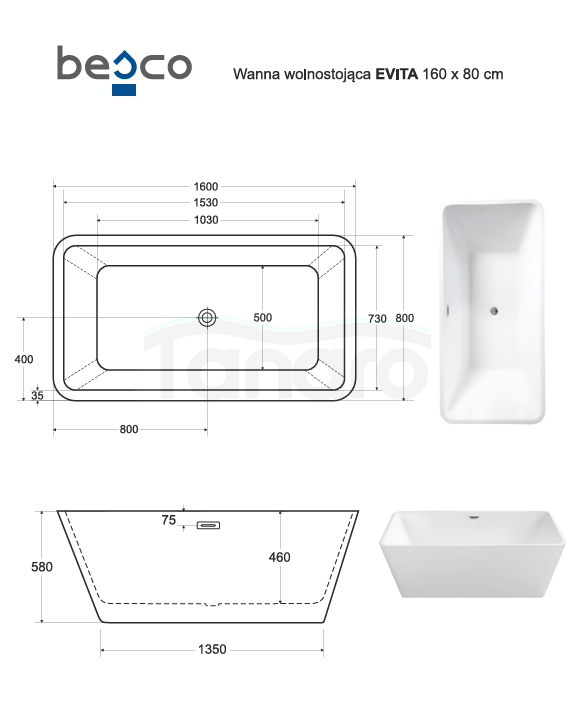 BESCO Wanna wolnostojąca Evita 160x80 + maskownica syfonu z przelewem czarna #WAS-160-ECZ