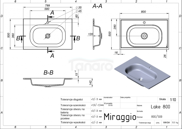 MIRAGGIO Umywalka LAKE 800 MAT 8815160