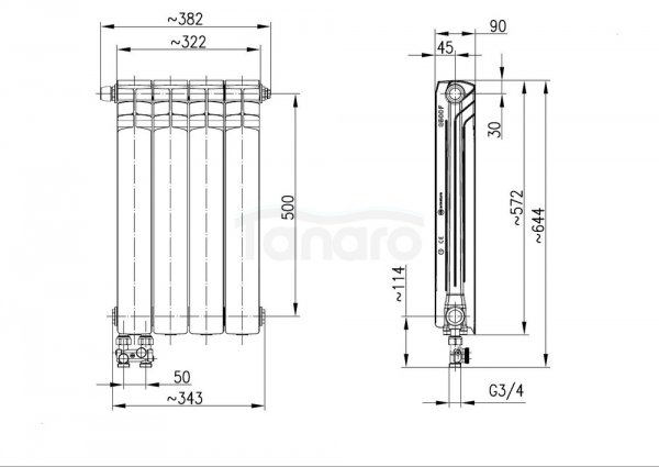 ARMATURA KRAKÓW KFA Grzejnik aluminiowy G500F/D/4 z dolnym lewym zasilaniem prostym 789-044-44