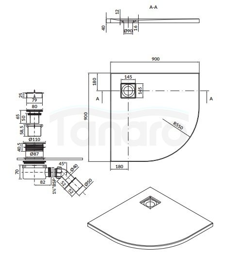CERSANIT - Set B185: brodzik półokrągły TAKO Slim 90x4 biały + syfon  S601-120