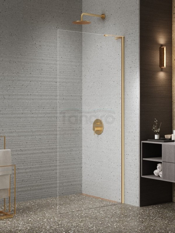NEW TRENDY Kabina prysznicowa NESTA GOLD BRUSHED WALK-IN U 90x200 szkło czyste 8mm Active Shield 2.0 - WSPORNIK KĄTOWY K-1740-WL