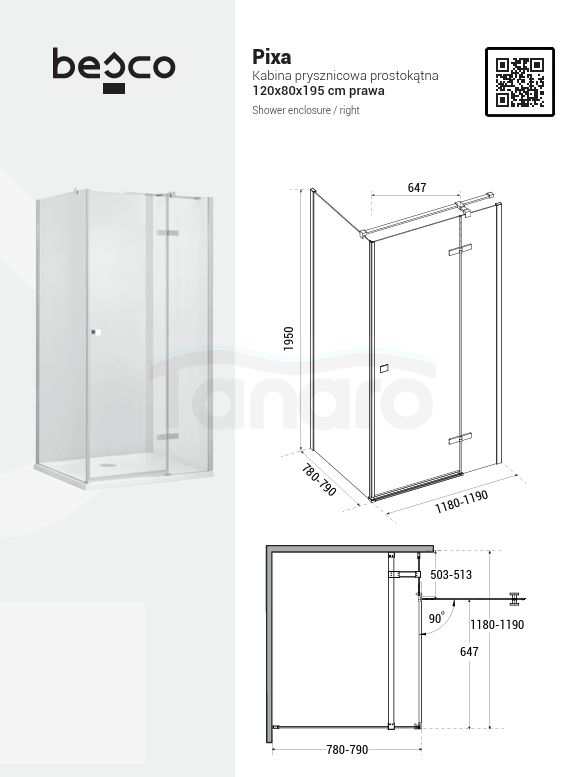 BESCO Kabina prysznicowa Pixa Gun Metal 120x80x195 Prawa PPP128-195GR