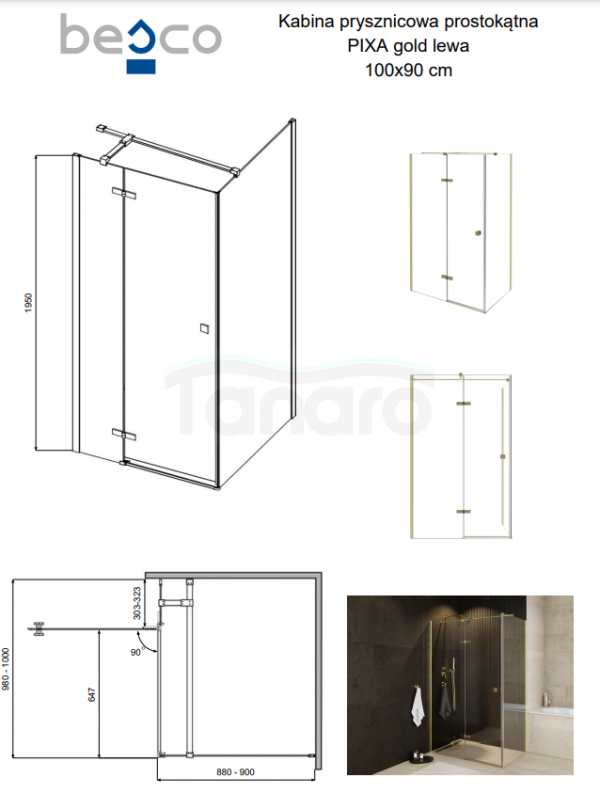 BESCO Kabina prysznicowa Pixa Gold 120x80 Prawa PPP-128-195G