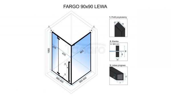 REA - Kabina prysznicowa FARGO 90X90 BLACK MAT Uniwersalna