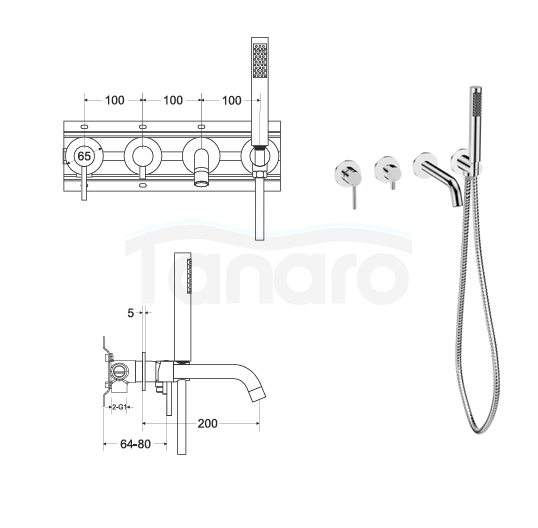 BESCO Bateria wannowa podtynkowa 4-punktowa Veo jasno złota BW-V4P-JZ