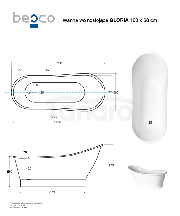 BESCO Wanna wolnostojąca Gloria 160x68 + klik-klak gun metal czyszczony od góry #WMD-160GLGR